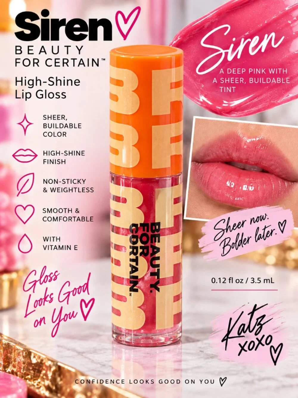 Beauty For Certain Siren High Shine Lip Gloss Deep Pink Sheer Buildable 3.5ml
